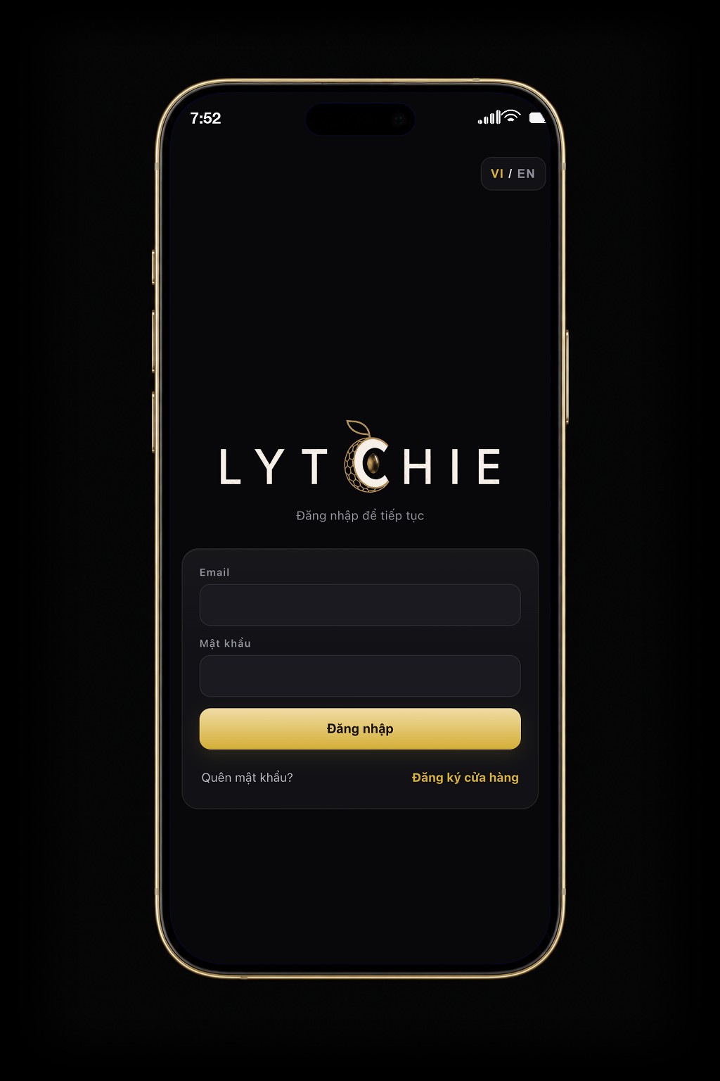 Màn hình đăng nhập Lytchie với ô Email và Mật khẩu.